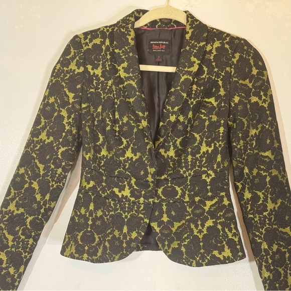 Banana Republic L’Wren Scott Black & Bright Celery Glam Brocade Blazer Jacket - Picture 5 of 16